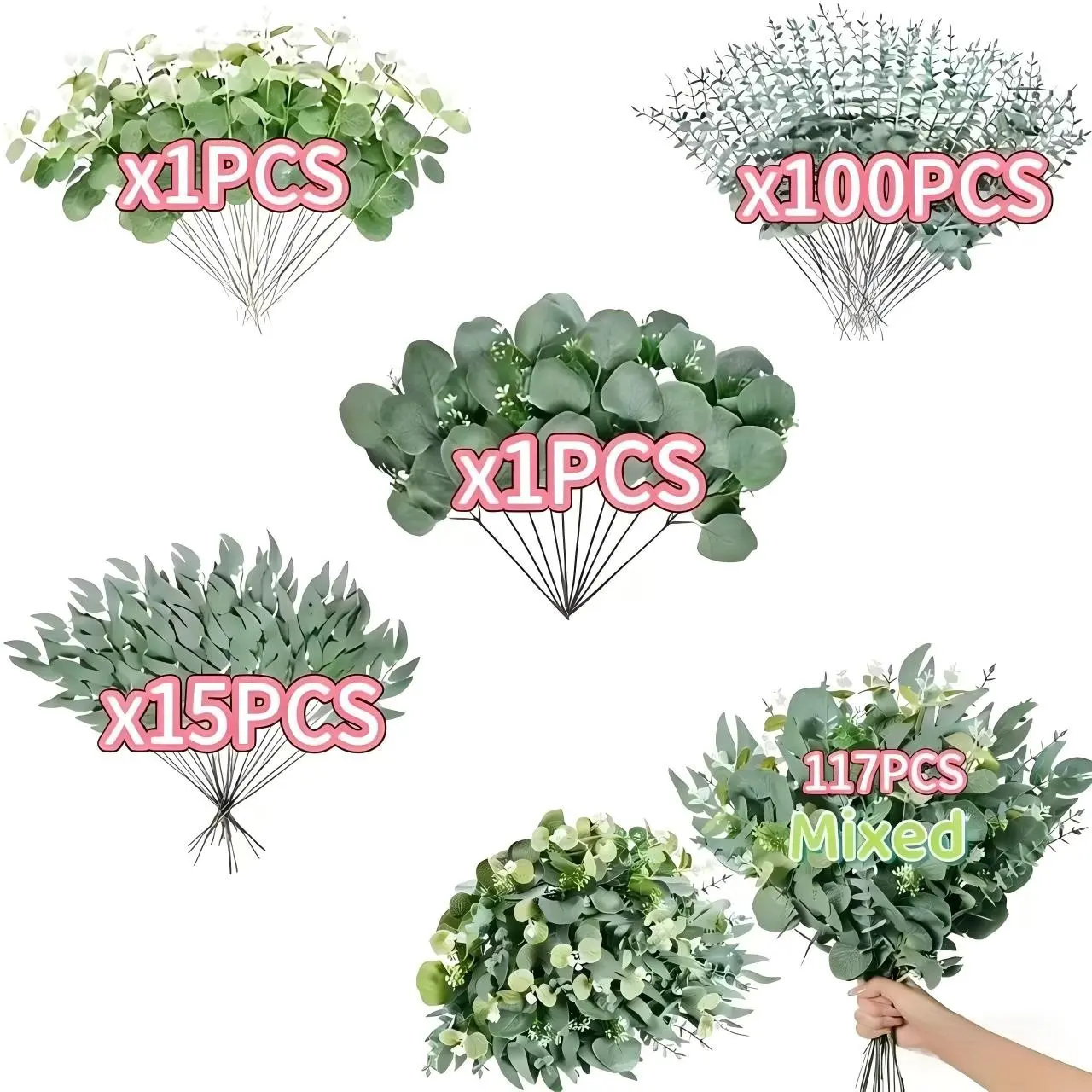 117pcs Artificial Eucalyptus Leaves & Branches, 4 Types, All-Season DIY Wedding Christmas Easter Ramadan Valentine Decoration, Garden Decorations, Artificial Plants
