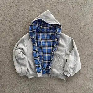 SpringCasualOversizedReversibleHoodieforWomenandMenwithPlaidLiningCottonStreetwearFashionTop