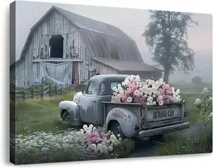 Rustic Farmhouse Wall Art Blue Old Truck Barn Canvas Misty Countryside Field Landscape Painting Prints for Bedroom Living Room Office Decor Framed and Ready to Hang SHJY-00101
