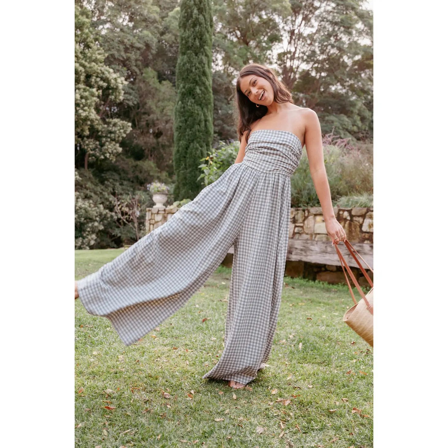 Paige Strapless Jumpsuit - Black White Gingham