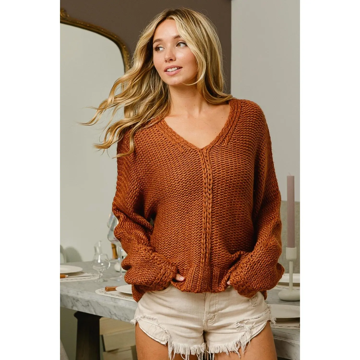 Women's Chic Preppy Casual Collared V-Neck Cable Knit Sweater, Polyester Fabric