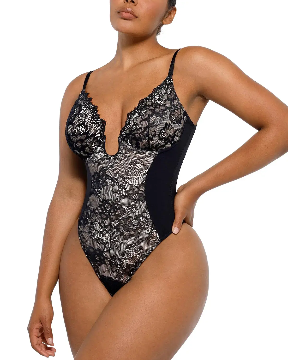 Shapellx Lace Glamour Supportive Plunge Thong Bodysuit Sexy Womenswear