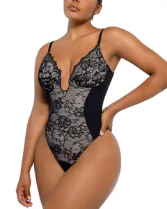 Shapellx Lace Glamour Supportive Plunge Thong Bodysuit Sexy Womenswear