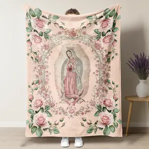 UVVUVV - Our Lady of Guadalupe Pink Roses Blanket – Elegant Religious Art Design Featuring the Virgin Mary in an Ornate Floral Frame, Ideal Gift for Catholic Devotees & Spiritual Enthusiasts