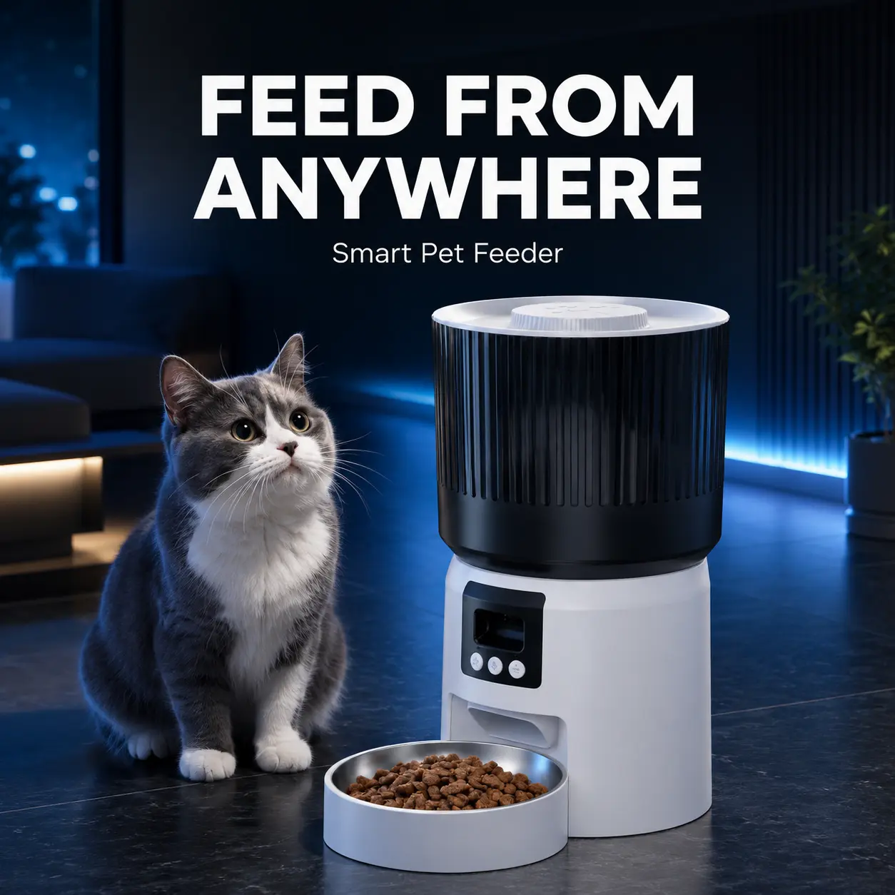 4L Smart Automatic Pet Feeder for Cats & Dogs, HD Video Live View Food Dispenser with App Remote Feeding, 2-Way Audio, Visible Chamber, Detachable Parts, USB-Battery Power Support