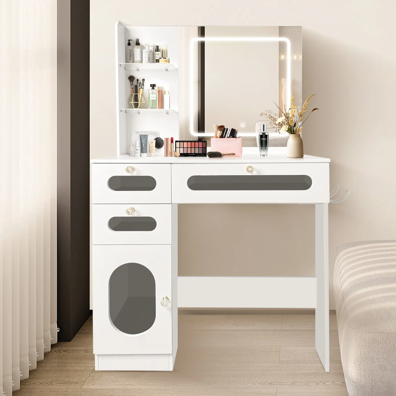 Modern simple multifunctional LED light dressing table - RGB lighting effect Bluetooth APP control with USB charging port Dressing table with mirror