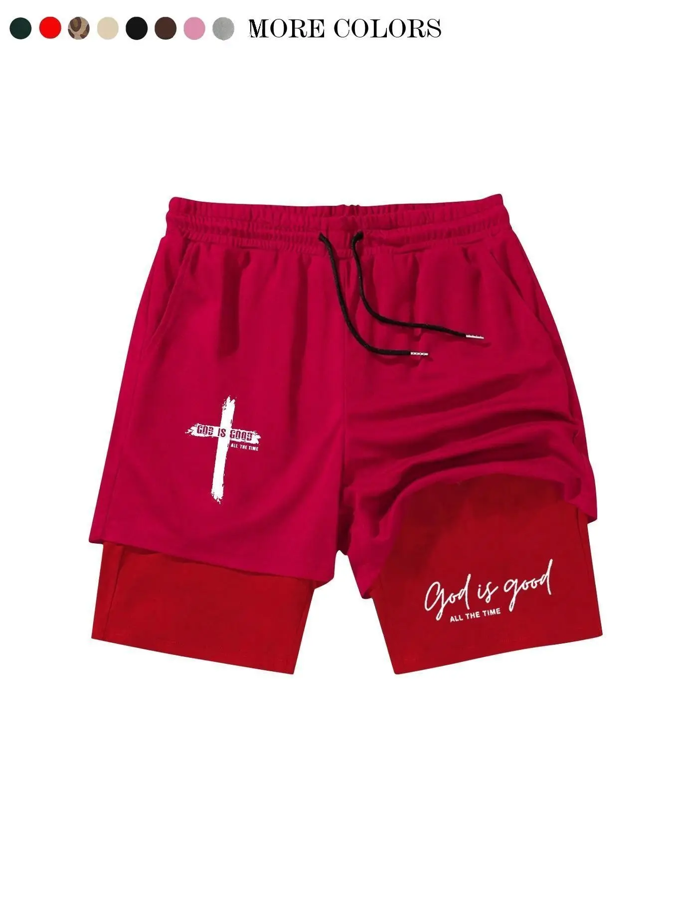 Men's 2-in-1 Compression Liner Shorts, "God is Good" Graphic Casual Workout Shorts, Athletic Gym Shorts with Pockets, Christian Faith Printed Activewear for Running, Training, and Daily Wear, Quick Drying Shorts