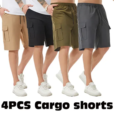 Men's High-Elastic Fitted Drawstring Utility Cargo Shorts - Flexible Woven Fabric, 6 Large Side Pockets, Casual Solid Design, for Outdoor Work, Utility Men's Shorts