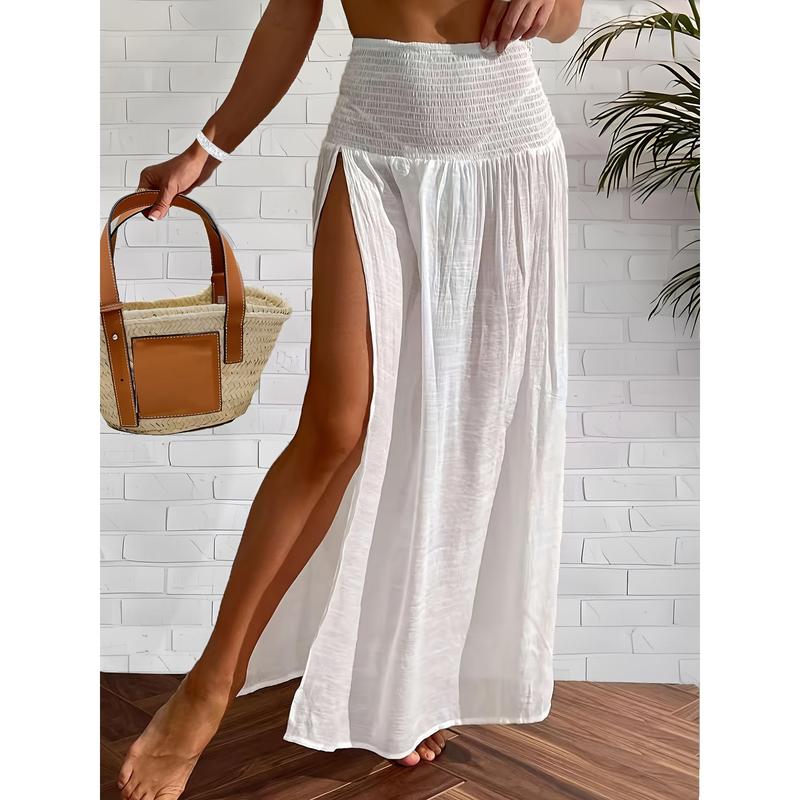 Vibrant Solid Color Shirred Waist Maxi Coverup Skirt - Flowy, Split Thigh,Summer Bottom Basic Chic Elegant   Womenswear Minimalist White