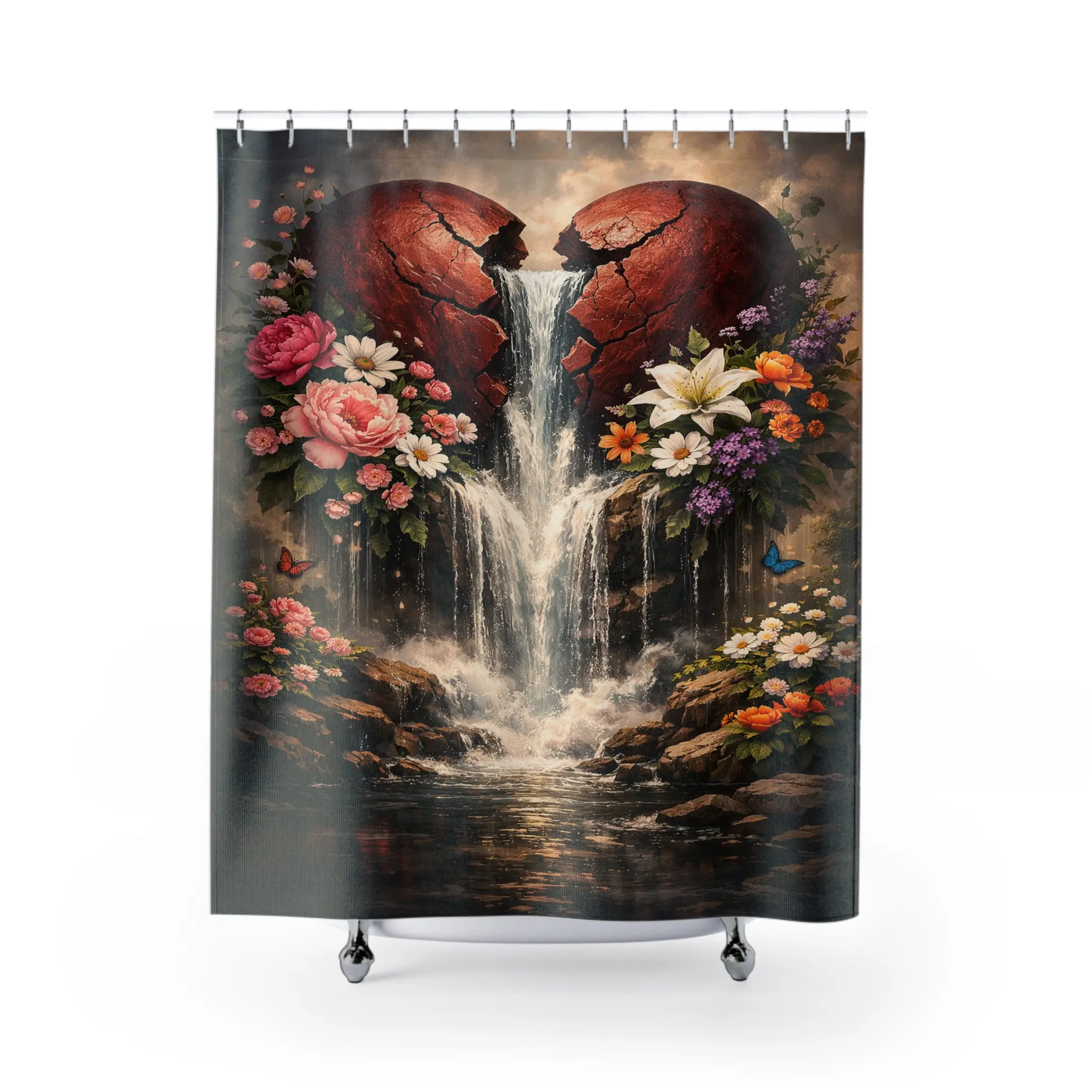 Broken Heart Waterfall Shower Curtain | Floral, Romantic, Moody Bathroom