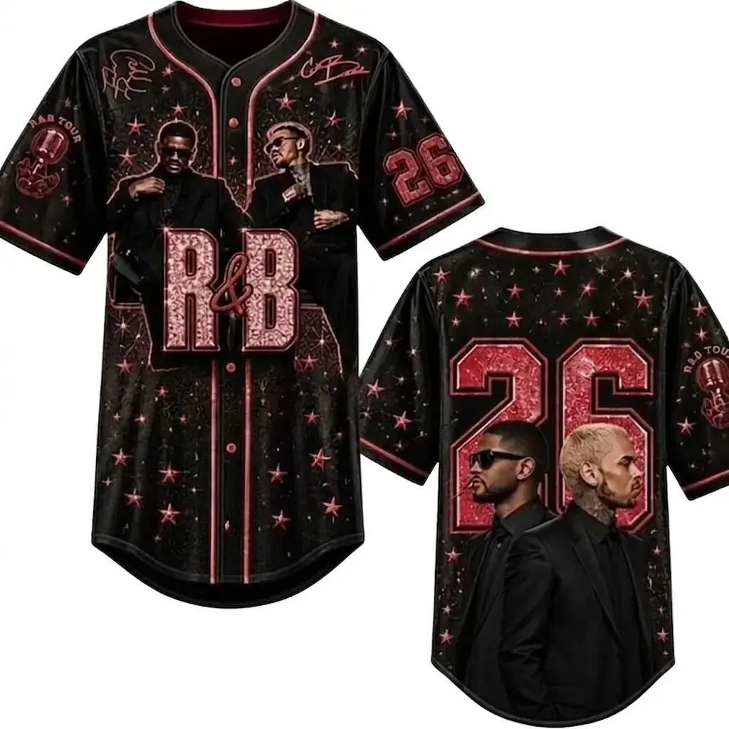 RnB Tour Pink Red Sparkle Baseball Jersey, Music Fan Short Sleeve Button Down Shirt, Vintage Star Graphic Hip Hop Concert Outfits Men Women