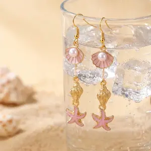 Summer Fresh Conch and Starfish Long Pendant Tassel Ear Hook Earrings for Women, Unique and Exquisite Versatile Beach Earrings