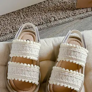 Cute Striped PU Leather Baby Sandals, Soft Sole Summer Footwear for Toddlers, Casual Style Kids Shoes, Perfect for Daily Wear, Pompom Shoes, Soft Soled Shoes