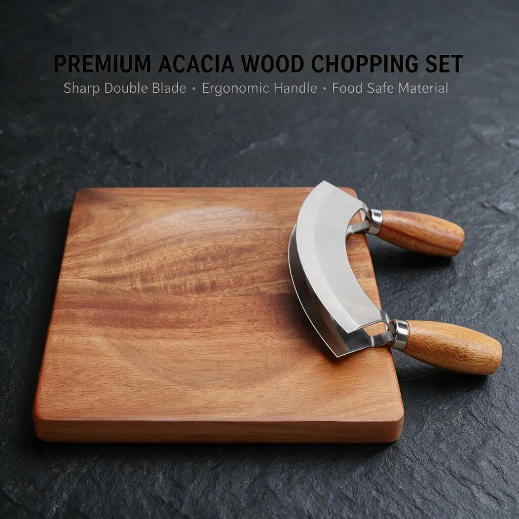 2-piece crescent-shaped double-blade knife and cutting board set, oscillating chopper, slicer, cutter, includes cutting board, crescent-shaped vegetable chopper, suitable for chopping onions and vegetables (wooden).