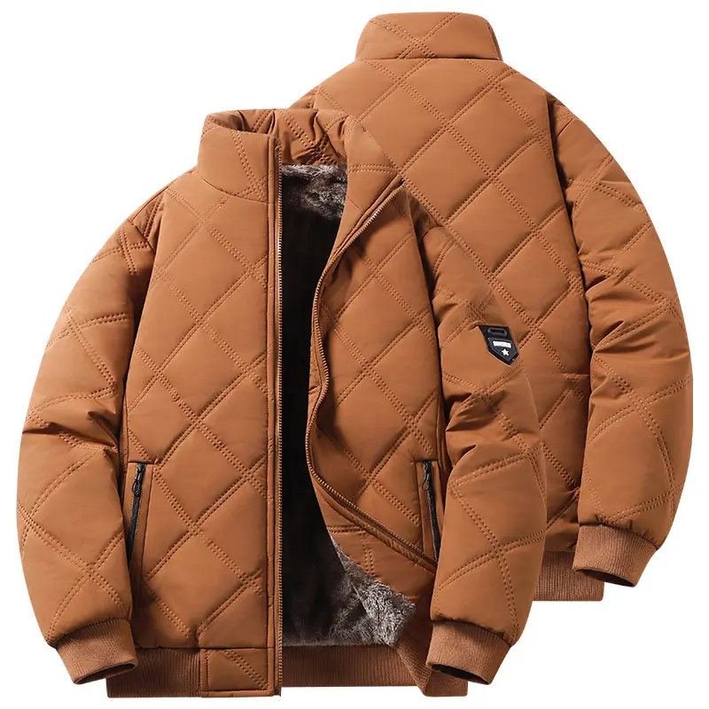 Men’s winter plush quilted jacket with diamond quilting, stand collar, and zipper—windproof, warm outerwear for men, suitable for everyday wear.