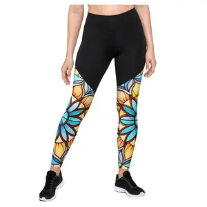 Mosaic Mandala Compression Leggings - Floral Stained Glass Geometric Booty Sculpt Body Shaping Slimming Yoga Pants with Inside Phone Pocket