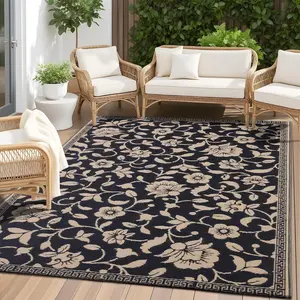 Outdoor Rug 5x8 ft, Outdoor Plastic Straw Rug with Flower , Reversible RV Mat for Patio, Camping, Balcony, Deck, Backyard, Black & Beige