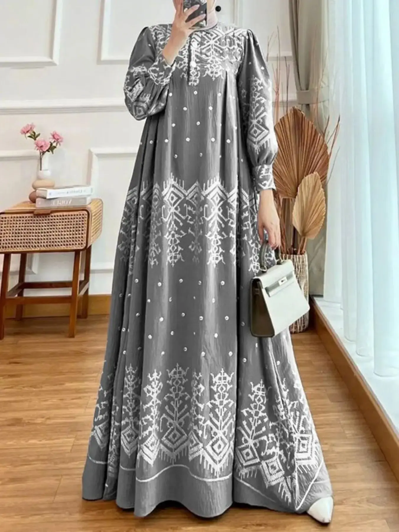 Women's Casual Modest Style Dress, Round Neck Nine-Quarter Sleeve Position Print Half Button Design, Suitable for Daily Outings, Modest Dresses