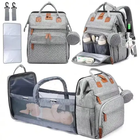 Kabaqoo Cute Mummy Diaper Bag Backpack with Changing Pad & Station, Adjustable Strap, High-Capacity, Lightweight Foldable Fabric, Zipper Closure, Built-In Organizer, Mosquito-Proof Bug-Net, Portable Newborn Travel Baby Gear Gift for Mom
