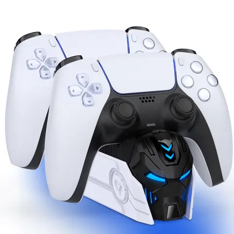 PS5 DualSense Controller Charging Station with LED Lights, 5V/2A Fast Charging, Manual, Robot Helmet Design, 1 x 39-inch USB-C Cable - Playstation 5 Controller Stand Dock & Storage Accessory, Sohochic