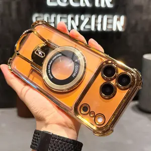 Plating Shockproof Magnetic Pulling Bracket Case For iPhone 17 16 15 14 Plus 13 12 11 Pro Max Air XR XS X Clear Bumper Cover