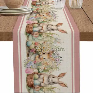 1pc,Easter Bunny Colorful Eggs Striped Linen Table Runner, Dining Room Decor, Party, Wedding, Holiday Event Decoration