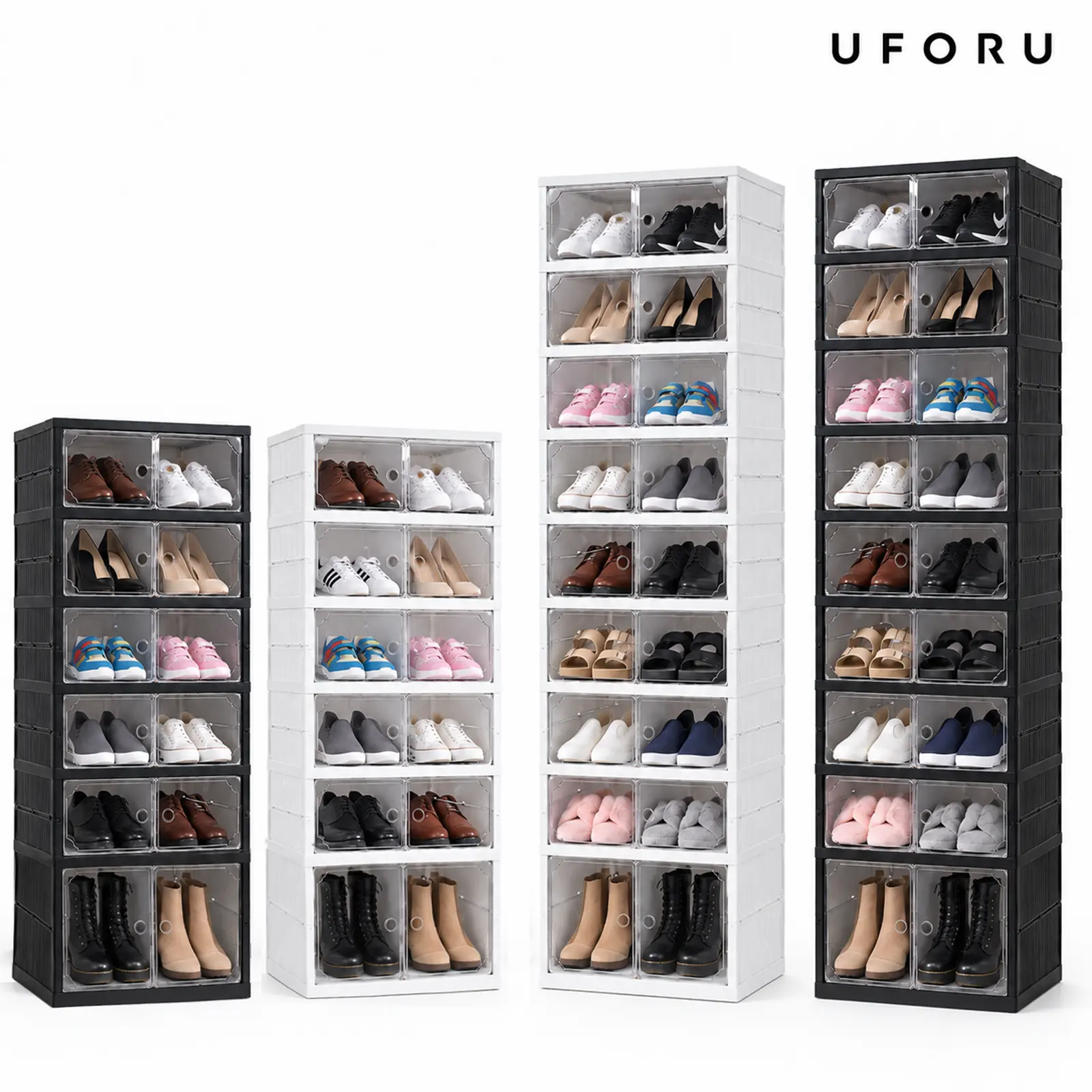 UFORU folding shoe rack, magnetic transparent door shoe cabinet, 9 layers, can store 18 pairs of shoes, simple design, large capacity, sturdy and stackable plastic shoe cabinet, space-saving, no installation required