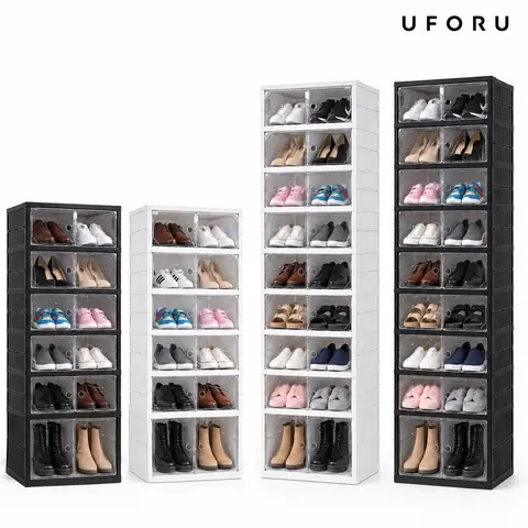 UFORU folding shoe rack, magnetic transparent door shoe cabinet, 9 layers, can store 18 pairs of shoes, simple design, large capacity, sturdy and stackable plastic shoe cabinet, space-saving, no installation required,home decor