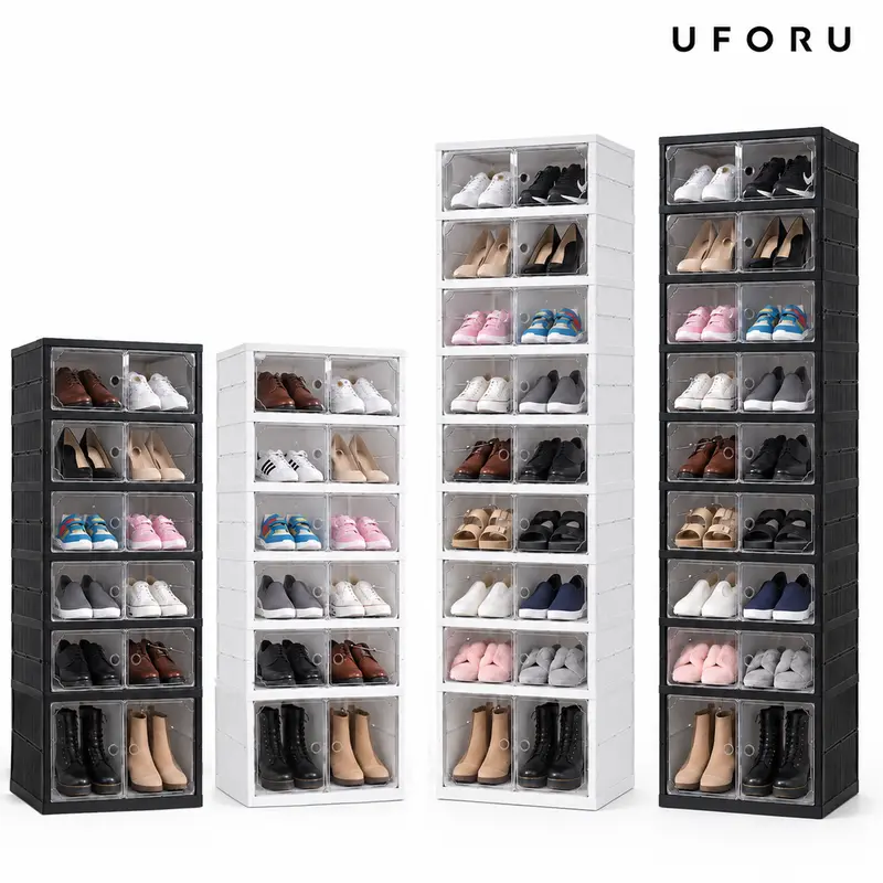 UFORU folding shoe rack, magnetic transparent door shoe cabinet, 9 layers, can store 18 pairs of shoes, simple design, large capacity, sturdy and stackable plastic shoe cabinet, space-saving, no installation required,home decor