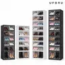 UFORU folding shoe rack, magnetic transparent door shoe cabinet, 9 layers, can store 18 pairs of shoes, simple design, large capacity, sturdy and stackable plastic shoe cabinet, space-saving, no installation required,home decor