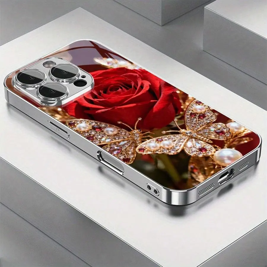 Rose Jewelry Butterfly 2D Pattern glass phone case for iPhone Air 17 16 Pro Max 15 14 PLUS 13 12 11 Samsung Galaxy S25 s24 s23 s22 Ultra FE ,Full Body Protections Shockproof Cover Creativity Fashion 11-16 furry luxury design Black 2025 creative unique
