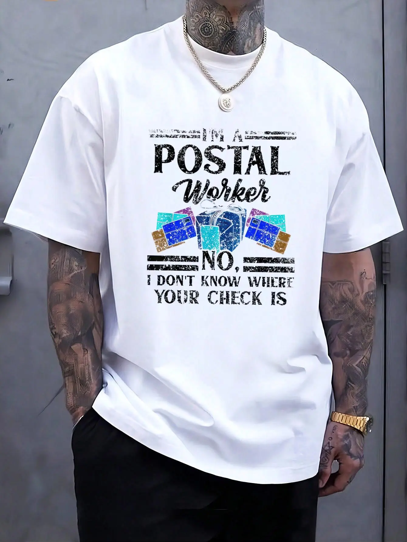 Men's "No I Don't Know Where Your Check Is" T-Shirt, Funny Postal Worker Graphic 100% Cotton Round Neck Short Sleeve Casual Streetwear, Tshirt, Menswear, Jackets