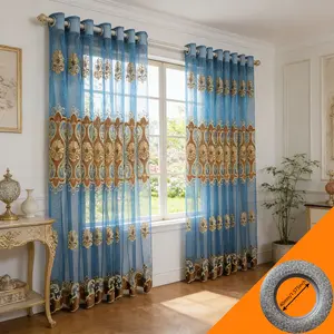 2pcs European Luxury Blue Embroidered Sheer Curtain, Living Room Transparent Privacy Window Shade, Bedroom Punch Hole Grommet Curtains