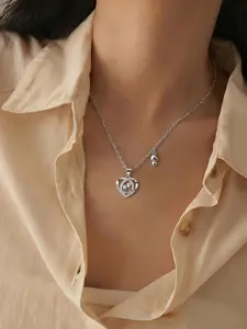 MKS Female Copper Heart-Shaped Pendant Necklace - Short Chain with Little Angel Footprint, Rhinestones, "Endless Beauty" Daily Mom Gift Collarbone Jewelry