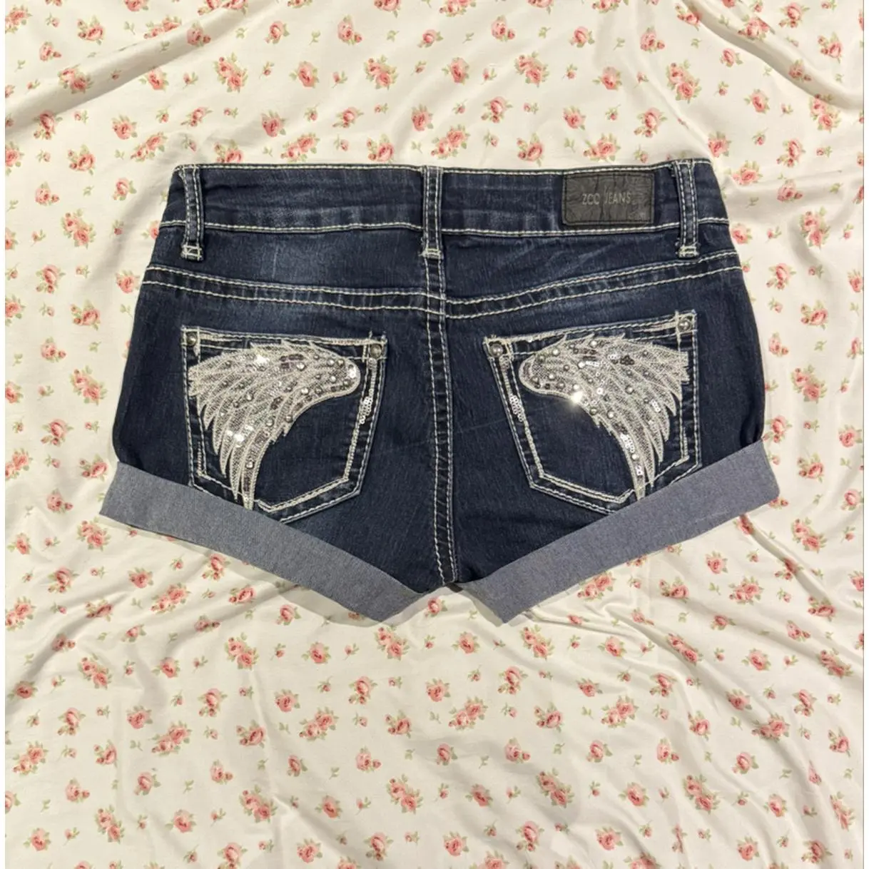 Y2K 2000s Bedazzled Angel Wing Zco Jeans Low Rise Booty Shorts Size 5 with Sparkling Wing Design
