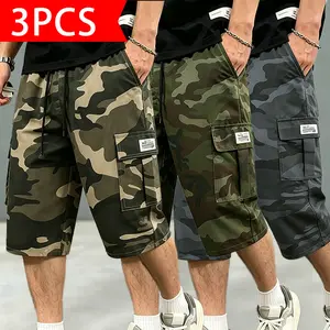 *3-pack men’s camouflage cargo shorts, drawstring elastic waistband design, multiple pockets practical fit, loose and comfortable, wear-resistant breathable fabric, suitable for outdoor leisure and everyday commuting, trendy versatile shorts for summer.