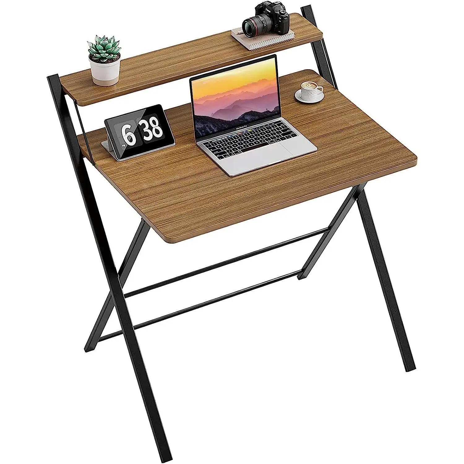 Folding Desk No Assembly Required, Computer Desk with 2-Tier Shelf Foldable Table.