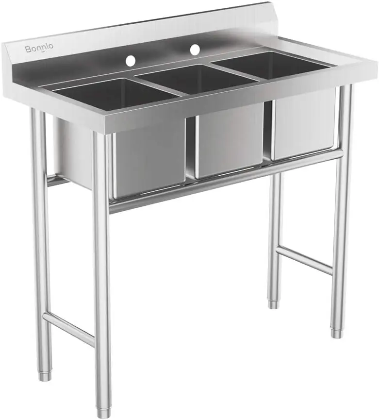 ROVSUN 3-Compartment NSF 304 Stainless Steel Commercial Rectangle Utility Sink - Adjustable, No Dirt Accumulation in Corners, 39”W x 18”D x 40.2”H for Outdoor Hand Washing Clothes, Kitchen, Laundry Room, Tool Cleaning