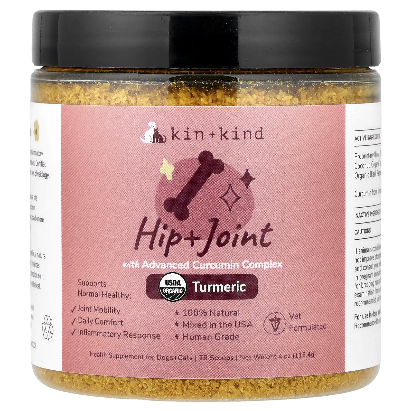 Kin+Kind Hip + Joint with Advanced Curcumin Complex, For Dogs + Cats, Turmeric, 4 oz (113.4 g)