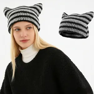 Winter Cat Ear Beanie for Women Men Crochet Hat Knitted Hat Y2K Cute Ear Hat Emotional Support Crochet Beanie Comfortable Soft Material Kitsch Bonnet Funny Cap