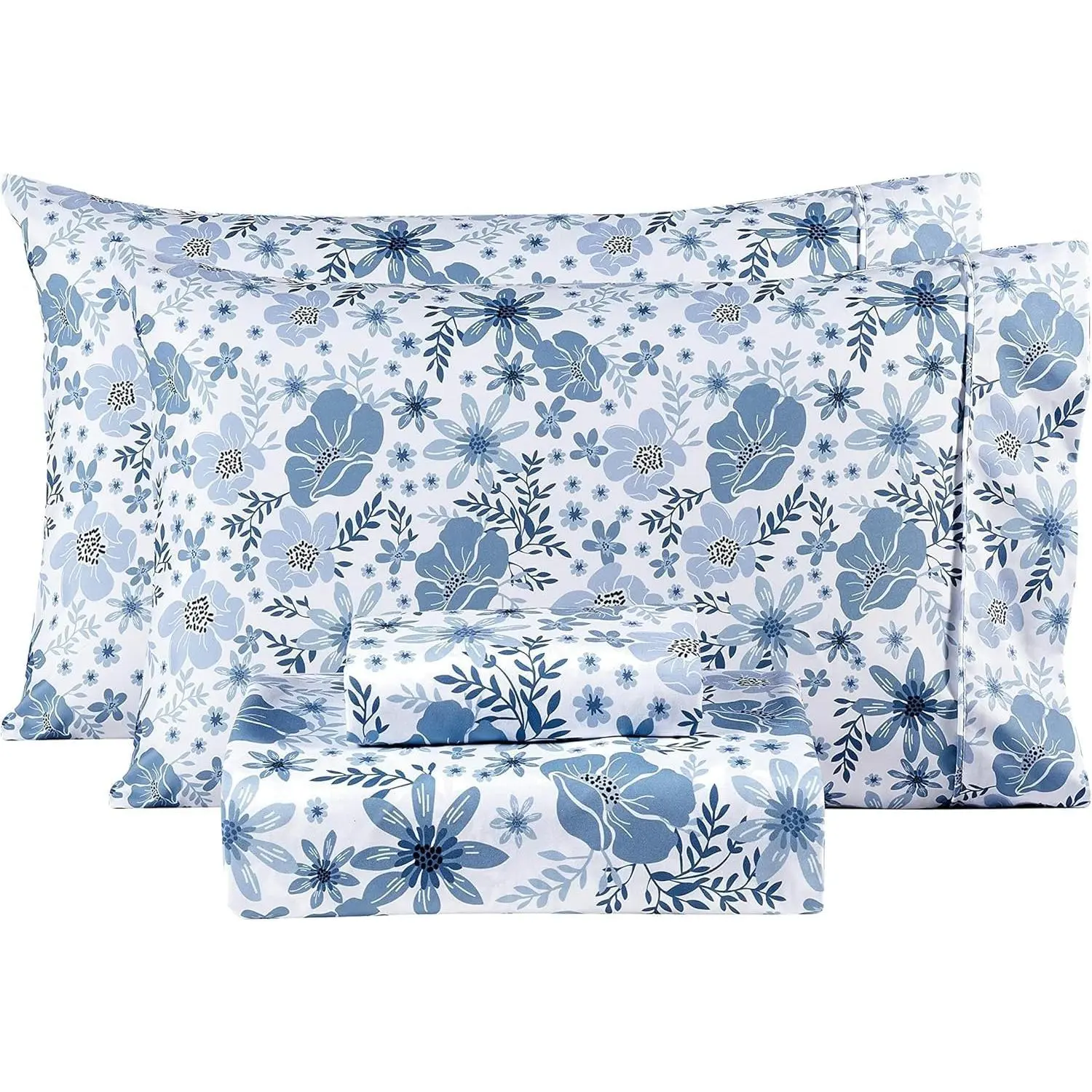 Twin Size Sheets Set - 3 Piece Soft Breathable Microfiber Bed Sheet Set - Blue & White Flower Pattern Sheet Set Full - Deep Pocket Non-Slip Floral Fitted Sheet Included for All Season