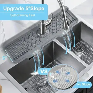 Silicone Anti-slip Faucet Mat, Splash Guard with 5° Slope, Easy Clean & Foldable Edge, Water-redirecting Design for Kitchen Sink & Bathroom Use