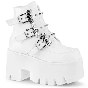 Demonia Ashes-55 White Round Toe Ankle Boot with Studded Bat Buckle Straps