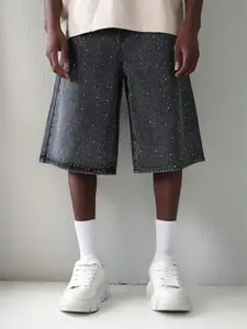 Men's Rhinestone Decor Button Fly Denim Shorts, Regular Fit Casual Pocket Design Denim Shorts for Summer, Fashion Men's Bottoms for Daily Wear, Casual Jean Shorts