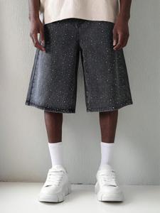 men's rhinestone decor button fly denim shorts, regular fit casual pocket design denim shorts for summer, fashion men's bottoms for daily wear, cotton, casual fashionable shorts