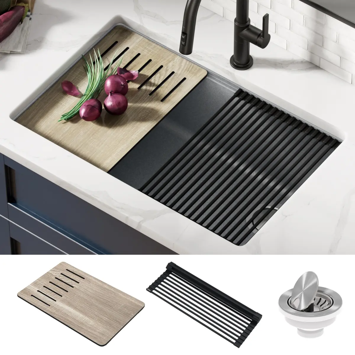 Kraus 30 in. Modern Bellucci Workstation Undermount Granite Composite Single Bowl Indoor Kitchen Sink with Drying Rack, Bacteria-Repelling Chef's Kit, Non-Porous Surface, Heat-Resistant, Vivid Fade-Resistant Stainless Steel Metallic Gray Drainage Solution