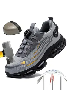 Men's Knitted Lightweight Work Shoes, Fashionable Safety Sneakers, Anti-Puncture Steel Toe, Casual Striped Design, All-Season Wear