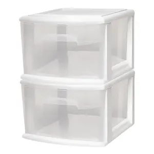 Homz Plastic 1 Drawer Medium Storage Cart, White Frame with Clear Drawer, 2 Pack