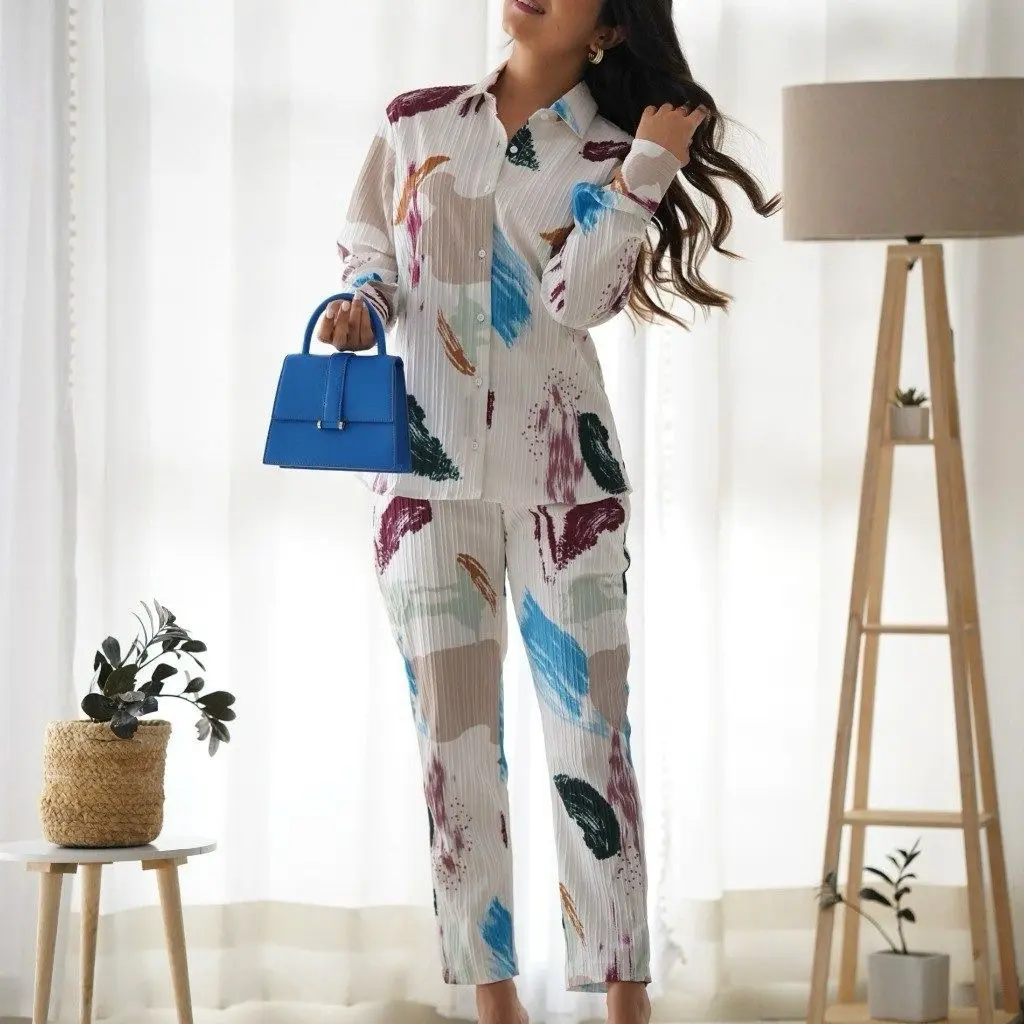 White Multi-Coloured Floral Co-Ord Set for Women - Long Sleeve Suits with Top & Bottom, Available in Sizes 34 to 44, Comfortable and Versatile Outfit - Clothing, Piece, Style, Dress
