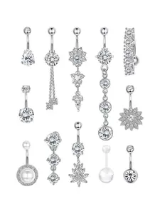 Cubic Zirconia & Flower Chain Belly Button Ring, Rhinestone Navel Piercing Jewelry for Women, Hinged Piercing Hoop, Cute Accessory for Crop Tops, Back-to-School and Fall Outfits, Body Piercing Jewelry, Belly Hoops